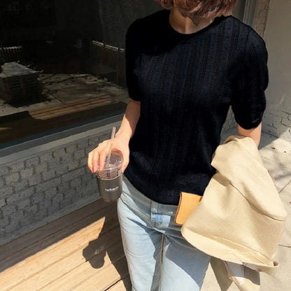 100% Cotton Women Hollow-out Sweater T-shirt New Summer Fashion Short-sleeve O-Neck Pullover Tees Korea Casual Knitted Tops