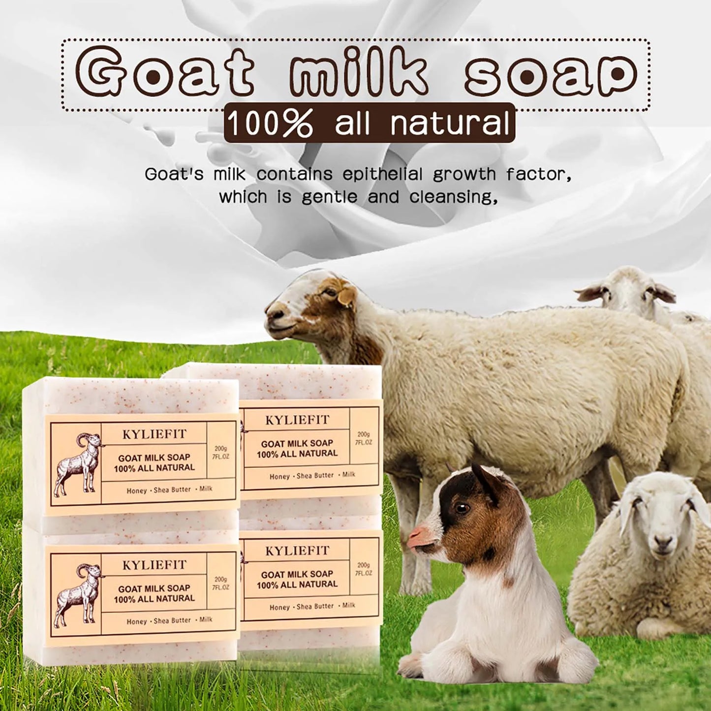 KYLIEFIT Goat Milk Soap All Natural, Whitening, Cleansing, Nourishing, With Honey, Shea Butter, Milk, For Face And Body