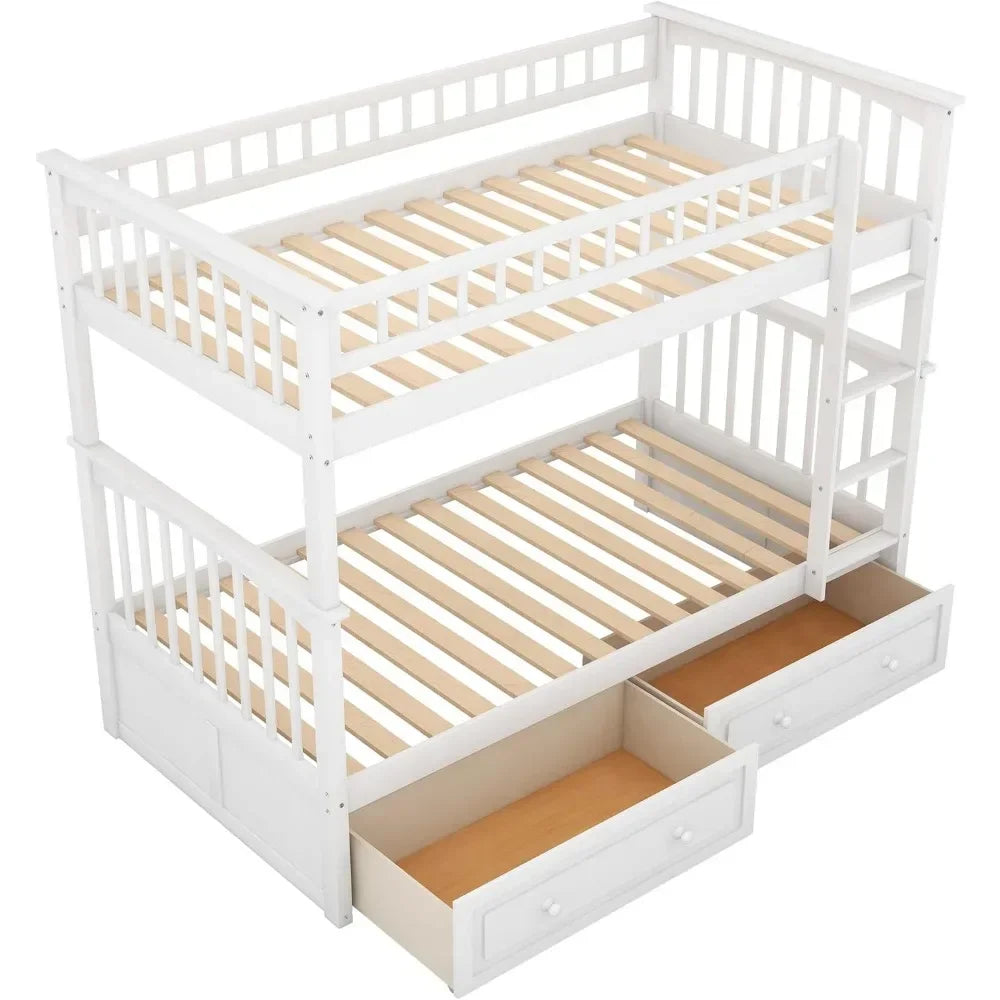 Convertible Wood Twin-Over-Twin Bunk Bed with Storage Drawers and Ladder - Can Be Divided Into Two Daybeds White Beds