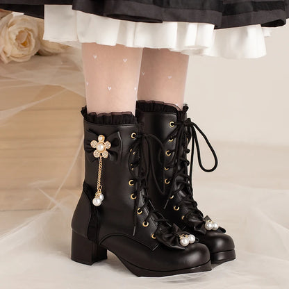 Ruffles Vintage Lolita Women Wedding Boots Black White Pink Lace Up Chunky Block Square High Heels Thick Platform Gothic Shoes