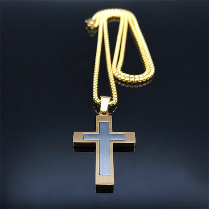 HNSP Stainless Steel Cross Pendant Chain Necklace For Men Christ Jesus Jewelry Catholic Crucifixes Rosaries Accessories