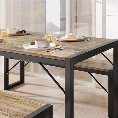 45.5" Dining Table Set for 4, Kitchen Table Set with 2 Benches, Dining Room Table Set with Metal Frame & MDF Board