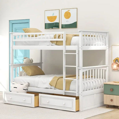 Convertible Wood Twin-Over-Twin Bunk Bed with Storage Drawers and Ladder - Can Be Divided Into Two Daybeds White Beds