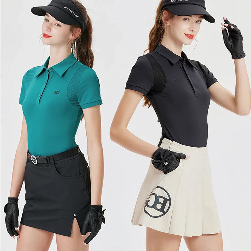 Blktee Korean Women Golf Shirts Sports Tops Summer Slim Lapel T-shirt Ladies Split Pencil Skort Pleated Skirt Culottes Golf Wear