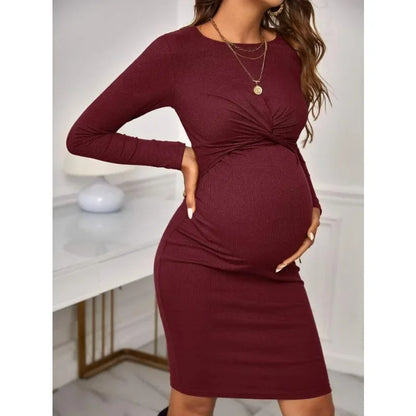 New Hot Sell Round Neck Tight Solid Color Short Maternity Dress Long Sleeve Knitted Maternity Dress