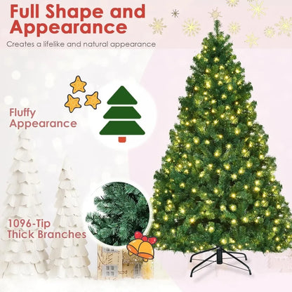 7ft Prelit Christmas Tree, Indoor Xmas Tree w/ 1096 PVC Branch, Pre-Strung 300 Warm White LED Lights & Metal Hinge,Easy Set Up,