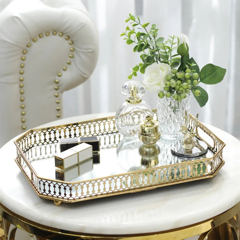 Metal Decorative Tray Makeup Organizer Box Jewelry Display Home Decorative Mirror Tray Fruit Snack Candy Dish Tea Table Storage