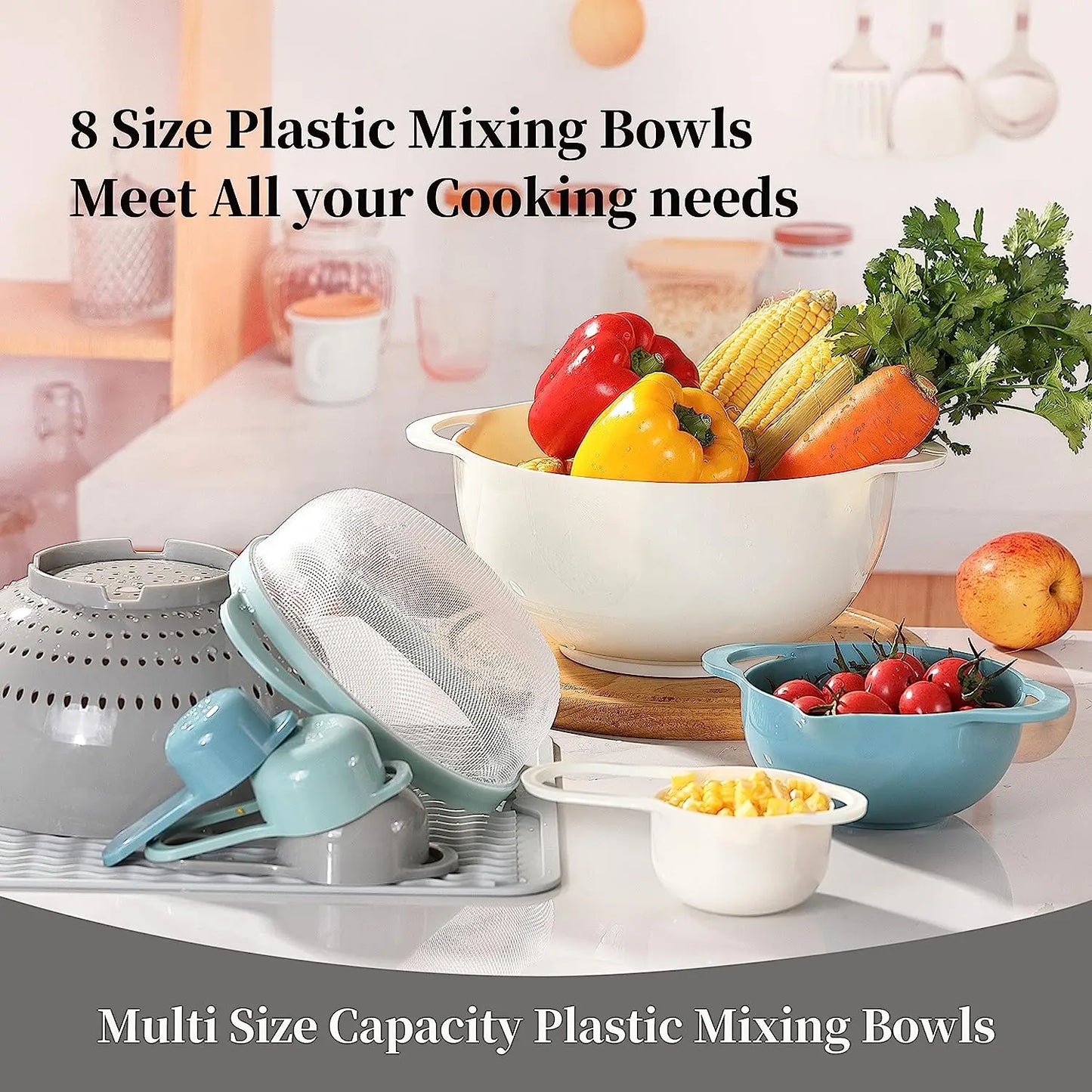 8PCS Plastic Mixing Bowl Set, includes 2 Mixing Bowl, 1 Colander, 1 Sifter and 4 Measuring Cups, for Kitchen, Baking and Cooking