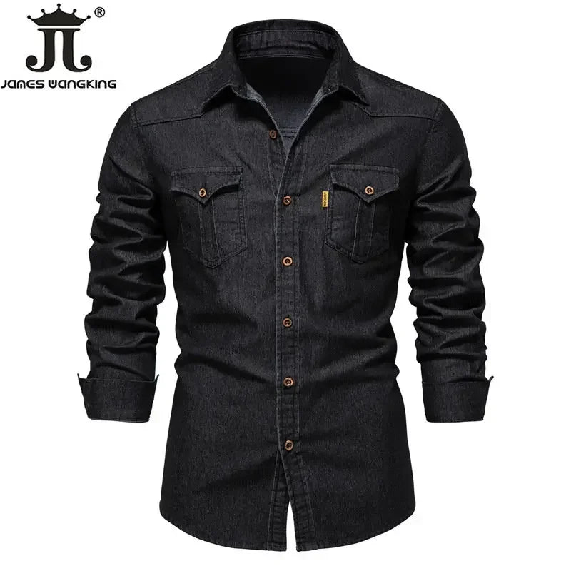 US Size S-5XL Cotton Men's Long-sleeved Washed Denim Shirt Casual All-match Button Solid Color outdoor Shirt Male