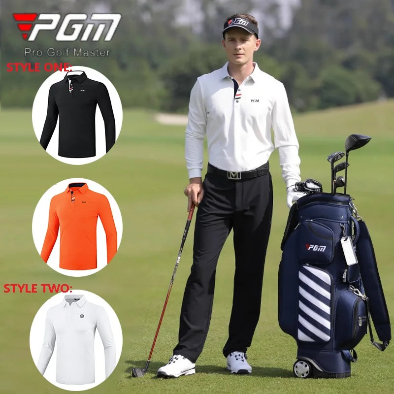 PGM Spring Autumn Men Golf Shirt Male Warm Long Sleeve Sports Tops Elastic Turn Down Collar T-shirt Casual Business Uniform