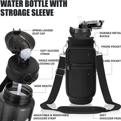 32 oz Water Bottle with Sleeve - BPA Free Leakproof 1L Water Bottle with Straw & Strap & Holder Carrier Bag for Kids Women Men