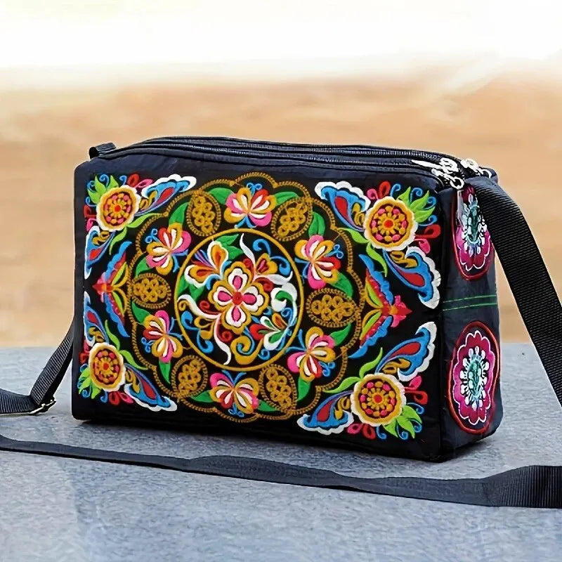 Women's Embroidered Flowers Nylon Crossbody Bag Ladies Luxury Large Capacity Travel Shoulder Bags