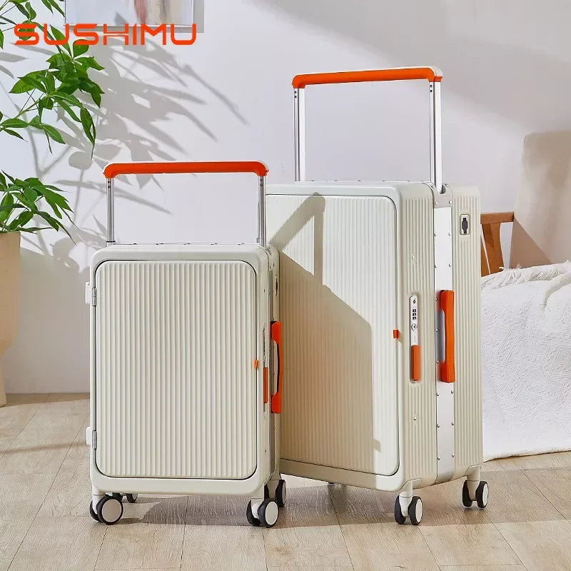 The new wide trolley cabin suitcase, aluminum frame trolley suitcase, spinner suitcase, personalized front opening business offi