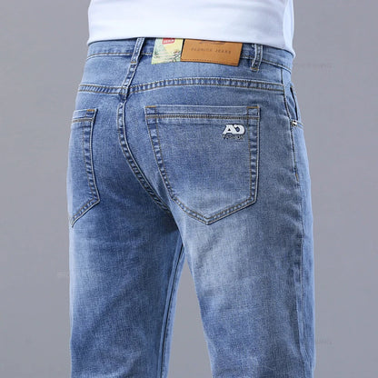 Spring and Summer Thin Men's Light Blue Slim Jeans Stylish Casual Stretch Fabric Denim Pants Classic Trousers Smoke Gray