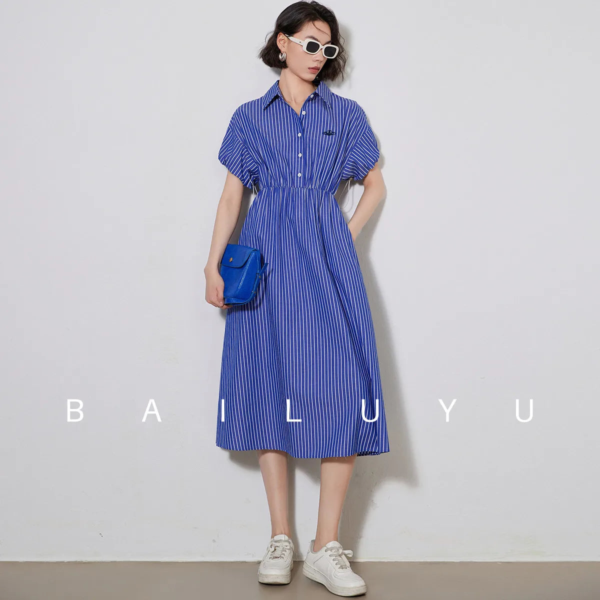 LOUIS YAO Women Shirt Style 100% Cotton Dress Summer Striped Casual Dress French Style A-line Short Sleeve Long Dress