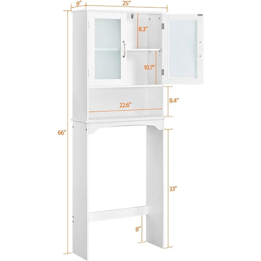 Over The Toilet Storage Cabinet with Double Tempered Glass Doors and Adjustable Shelf, Freestanding Bathroom Storage Rack