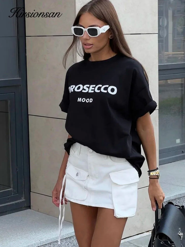 Hirsionsan 100% Cotton Letter Print T Shirt Women Summer New Basic Vintage Tee Casual Loose Chic O Neck Female Couple Tops