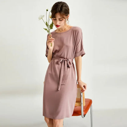 Heavy Silk Dress for Women, O-Neck, Raglan Sleeve, Loose Fit Waist, Lace Up Dress, Solid Mulberry Silk, Satin Dress, FS2308