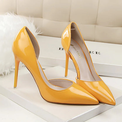 Women 7.5cm 10.5cm High Heels Yellow Pumps Office Sexy Stiletto Wedding Bridal Scarpins Short Heels Lady Sexy Hollow Party Shoes