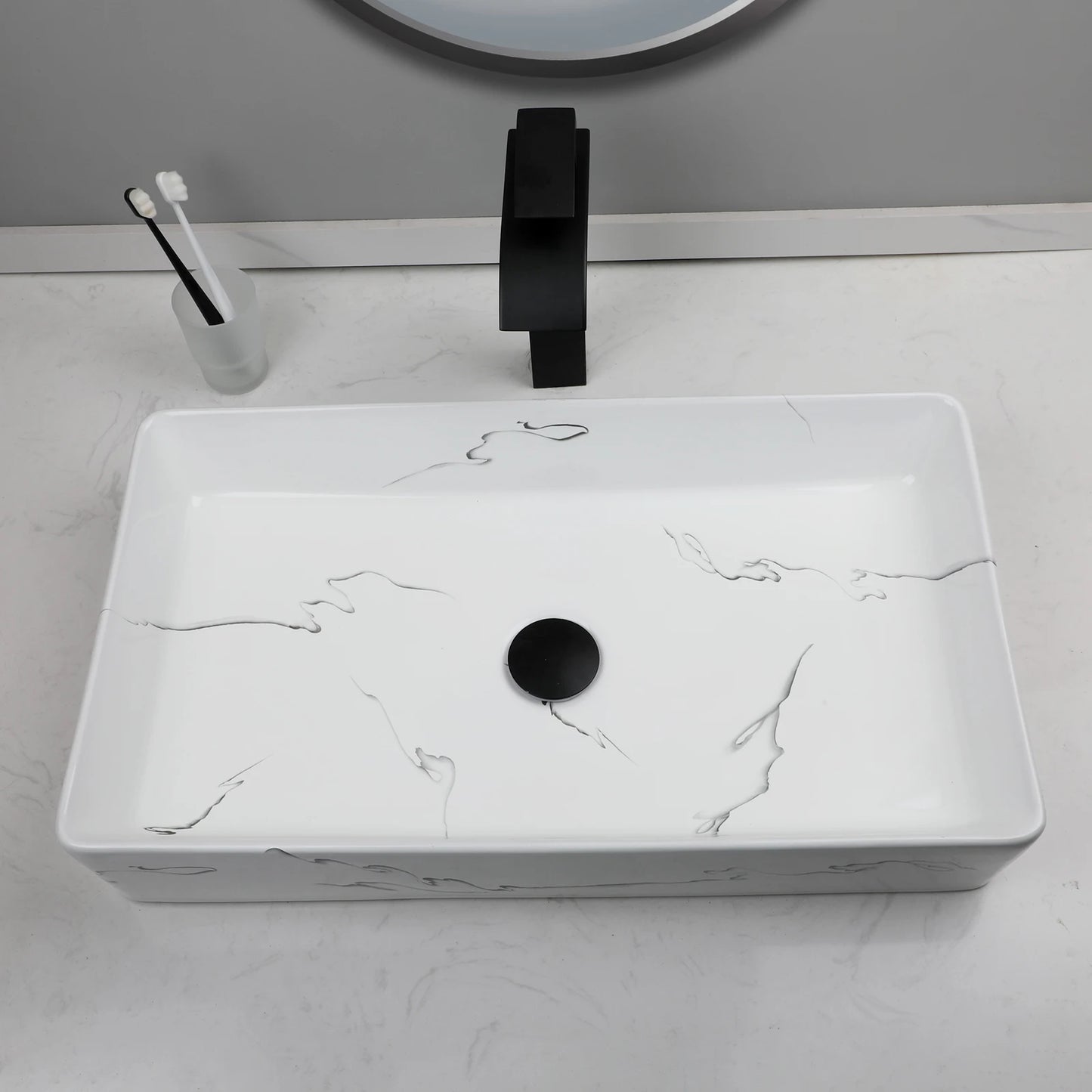 ZAPPO Rectangle Marble Bathroom Vessel Sink Above Counter Bowl Sinks for Bathrooms Porcelain Vessel Sink with Faucet and Drain