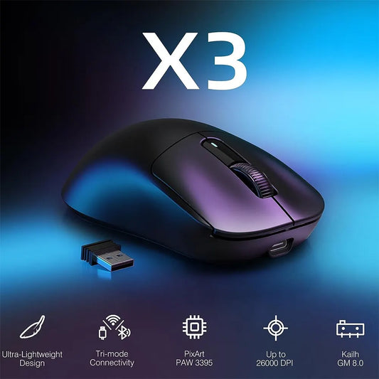 X3 Lightweight Wireless Gaming Mouse with 3 Mode 2.4G USB-C Wired Bluetooth 26K DPI PAW3395 Optical Sensor for PC/Laptop/Win/Mac