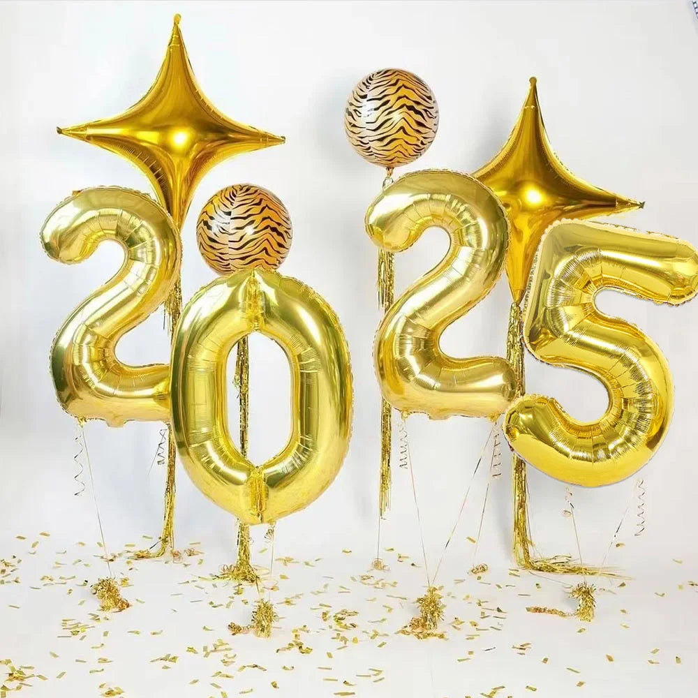 5pcs/set 2025 Aluminum Foil Number Balloon Champagne Bottle 2025 Happy New Year Decorations Balloons Photo Props Digital Ballons