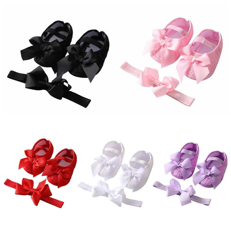 Infant Baby Girl Satin Bowknot Princess Shoes + Headband Set Soft Sole Shoes Lovely Princess Lace Non Slip Walker 0-18M