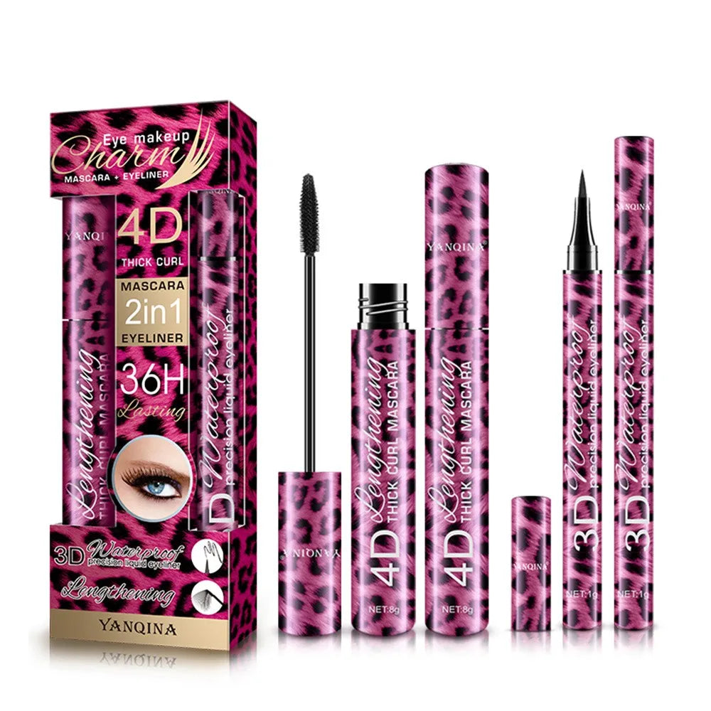 Eyeliner 36-Hour Lasting Curling +4D Fiber Mascara Elongate Eyelashes Leopard Print Black Mascara Waterproof Eye Makeup Cosmetic