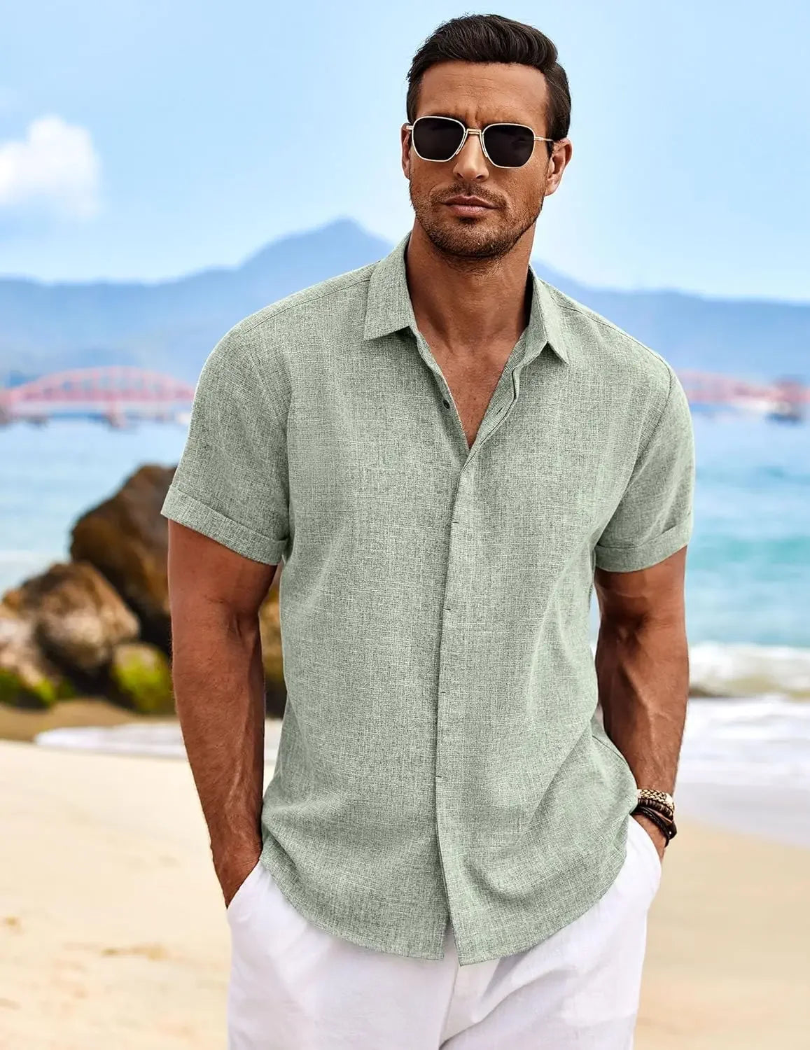 Men's Fashion Casual Solid Color Shirt Pullover Button Linen Cotton Comfortable Daily Top Short Sleeve Shirt Beach Summer Shirt