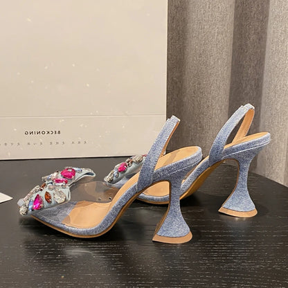 Eilyken Fashion Denim Bowknot Crystal Pumps Sexy Pointed Toe High Heel Women Sandals Prom Party Spring Shoes Zapatillas De Mujer