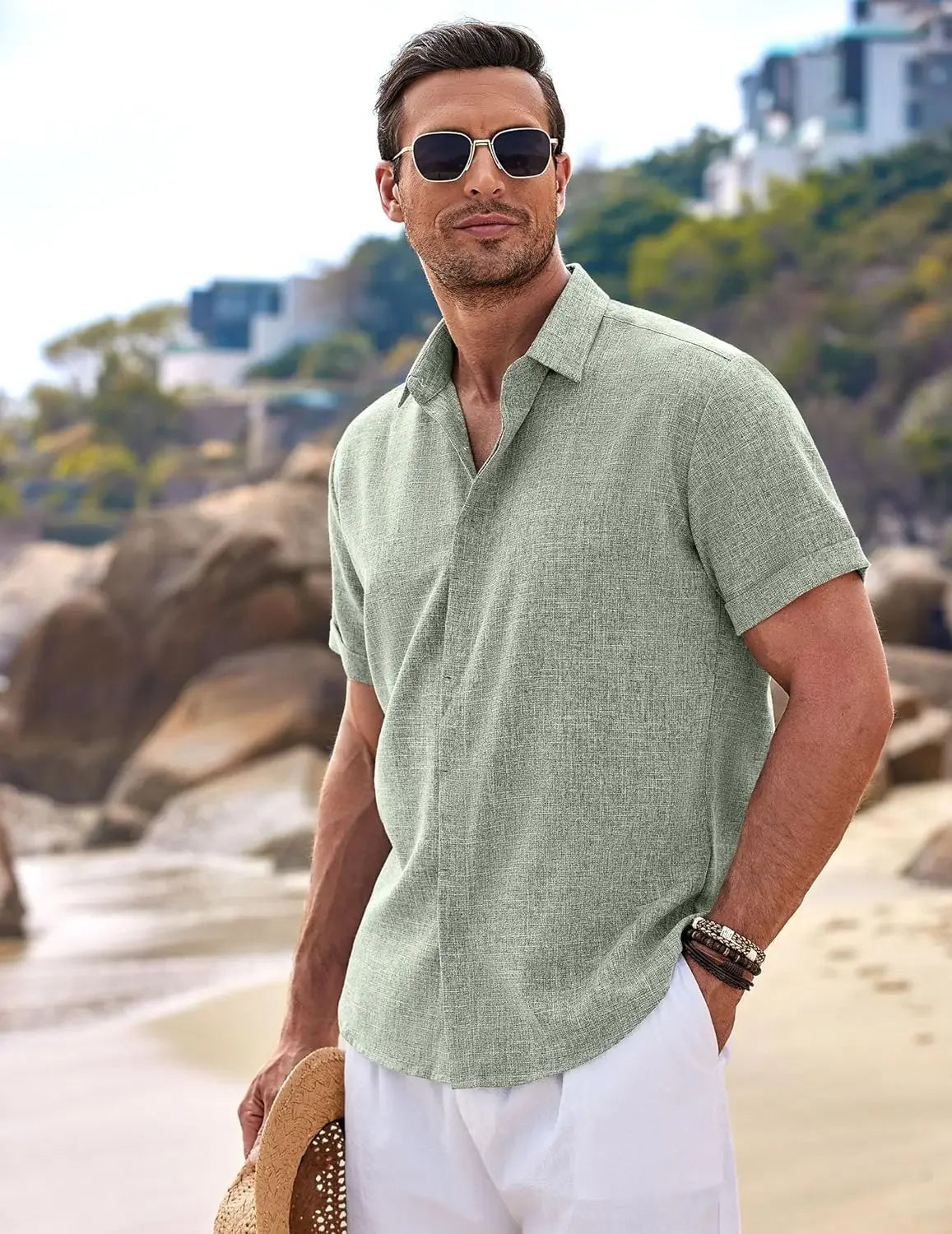 Men's Fashion Casual Solid Color Shirt Pullover Button Linen Cotton Comfortable Daily Top Short Sleeve Shirt Beach Summer Shirt