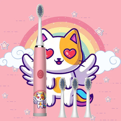 Child's USB Sonic Electric Toothbrush Rechargeable Colorful Cartoon Brush Kids Automatic IPX7 Waterproof With Replacement Heads