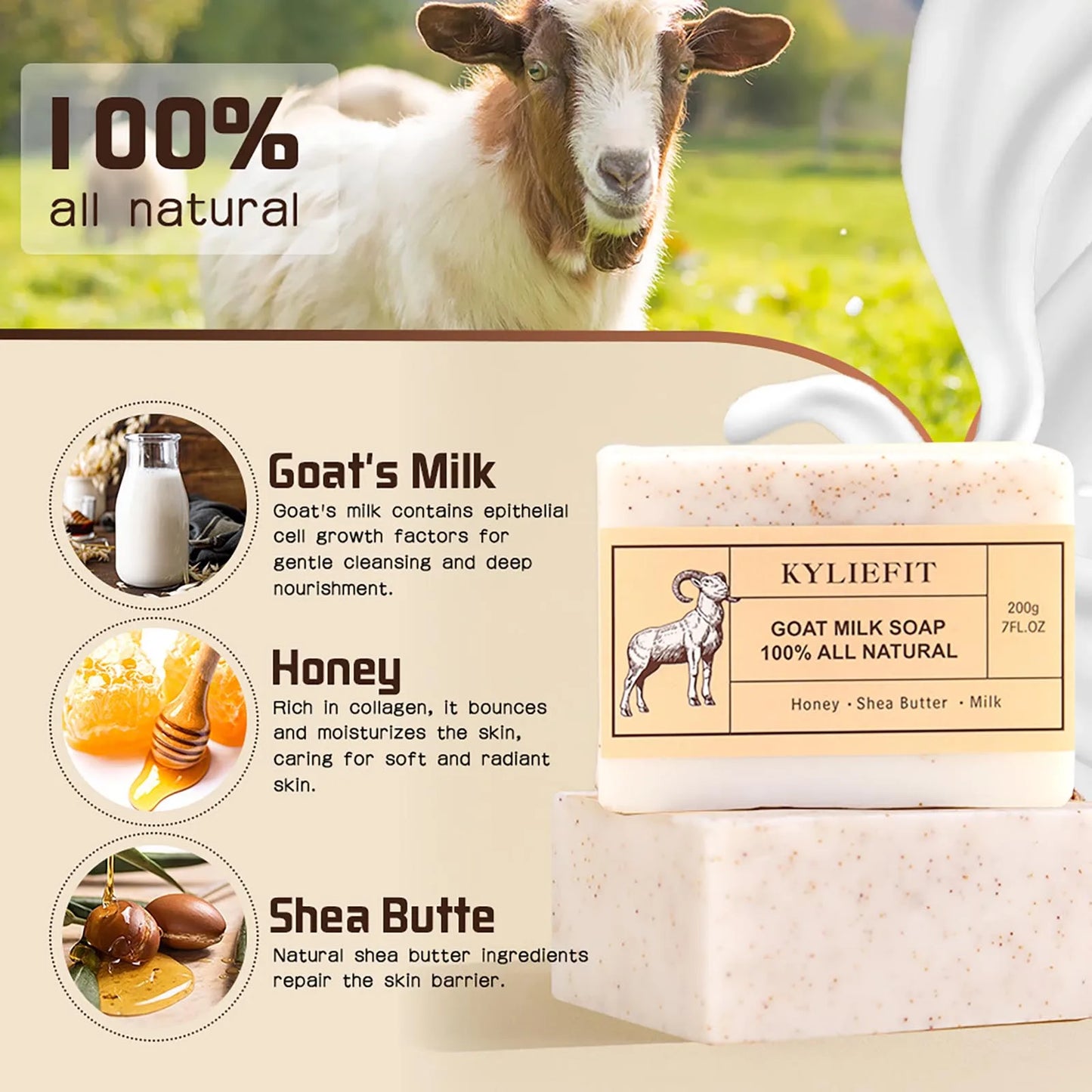 KYLIEFIT Goat Milk Soap All Natural, Whitening, Cleansing, Nourishing, With Honey, Shea Butter, Milk, For Face And Body