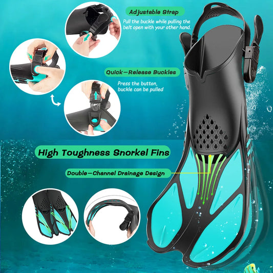 Snorkel Fins Adjustable Buckles Swimming Flippers Short Silicone Scuba Diving Shoes Open Heel Travel Size Adult Men Womens