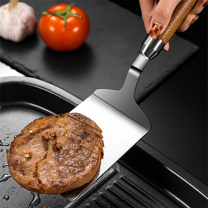 Stainless Steel Square Head Steak Cooking Spatula Pizza Shovel Pancake Beef Turner Scraper Wood Handle BBQ Utensils for Kitchen