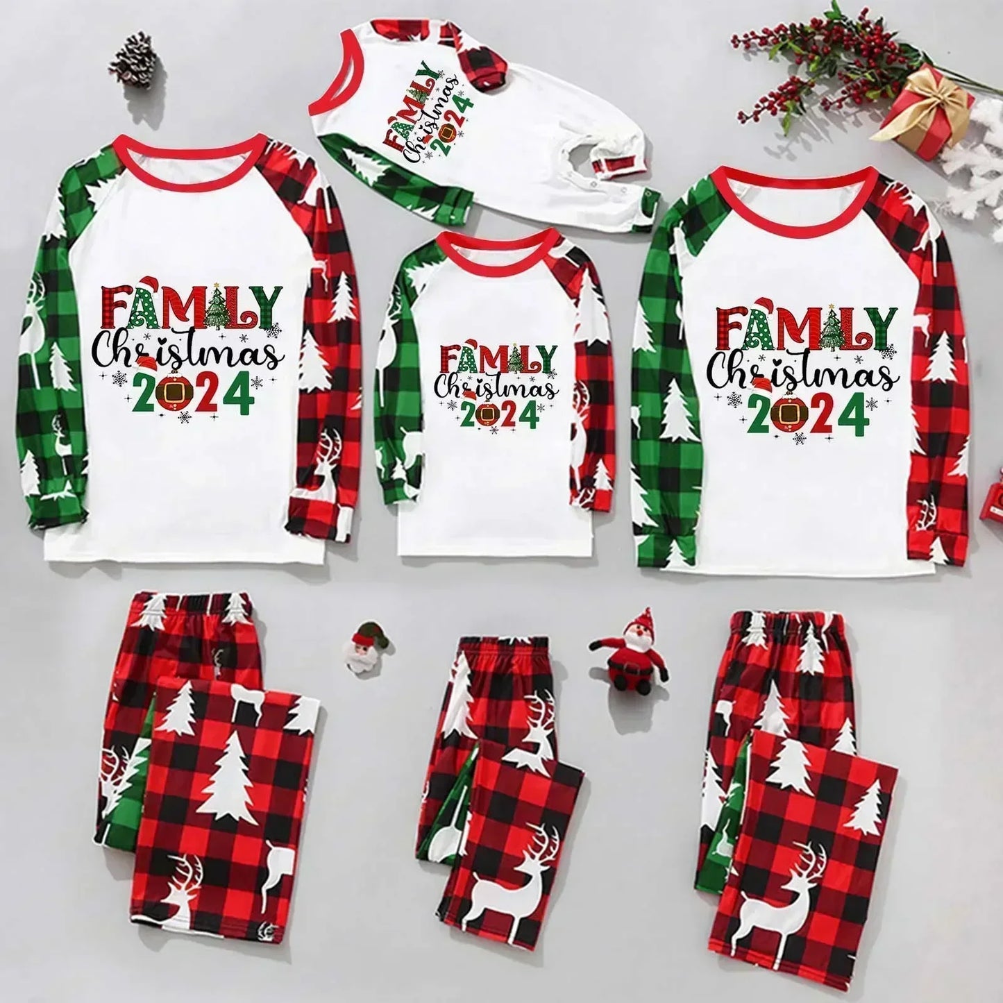 Christmas 2024 Matching Family Outfits Patchwork All Over Print Pajamas Set Mom Dad Kids Sleepwear Baby Romper Xmas Look Pyjamas