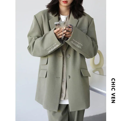 CHICVEN Women Office Lady Blazer Cuff Embroidery Wide Shoulder Twill Suit Women's Autumn Ladies Outerwear Stylish Tops