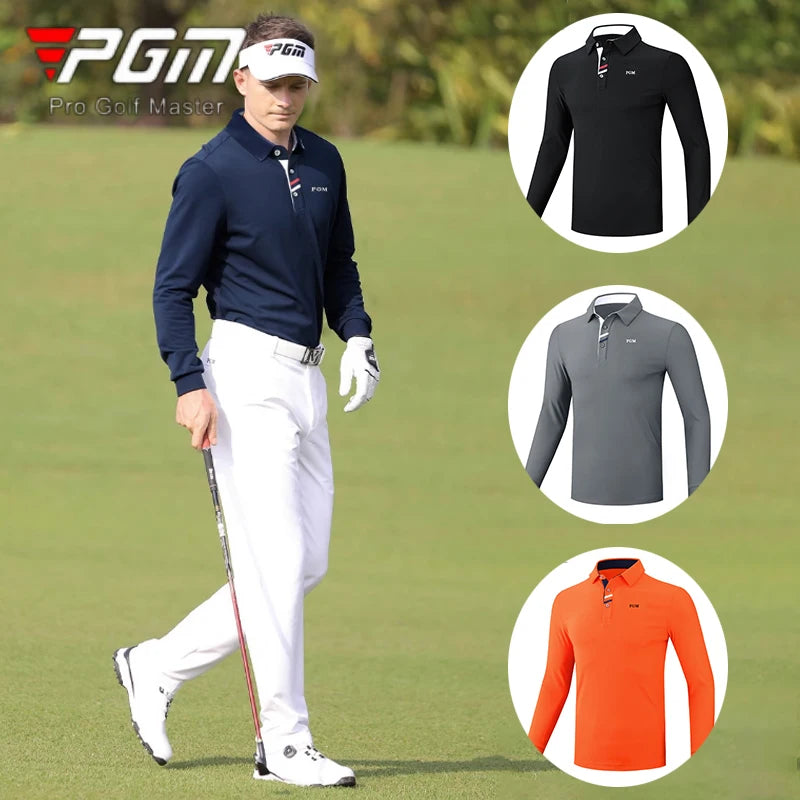 PGM Spring Autumn Men Golf Shirt Male Warm Long Sleeve Sports Tops Elastic Turn Down Collar T-shirt Casual Business Uniform