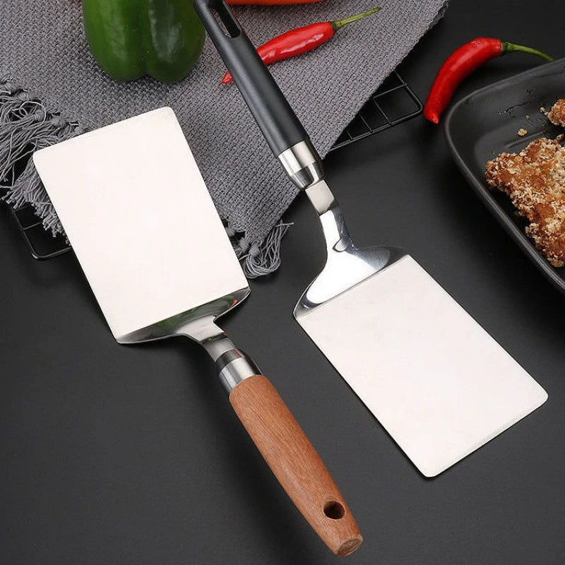 Stainless Steel Square Head Steak Cooking Spatula Pizza Shovel Pancake Beef Turner Scraper Wood Handle BBQ Utensils for Kitchen