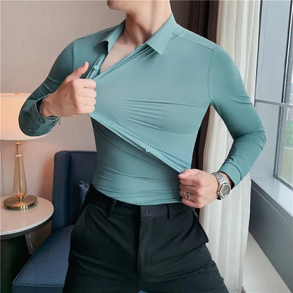 New Stretch Anti-Wrinkle Men's Shirts Long Sleeve Dress Shirts High Quality Men Slim Fit Social Business Blouse Striped Shirt