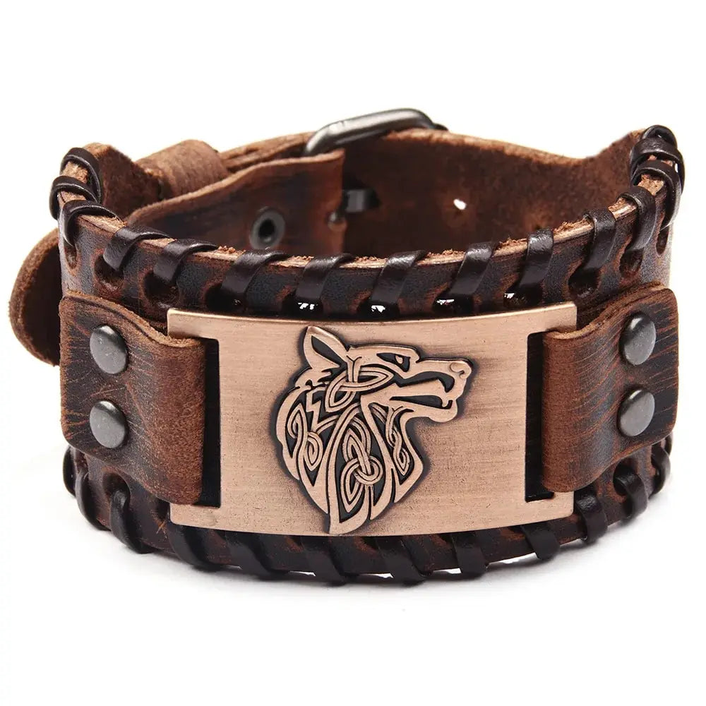 Vintage Viking Leather Braided Bracelet for Men Celtic Wolf Head Bangle Classic Animal Motifs Jewelry On The Hand Accessories