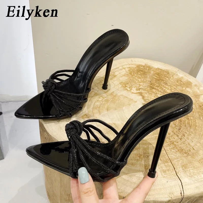 Eilyken Sexy High Heels Slipper For Women Summer Fashion CRYSTAL Narrow Band Pointed Toe Slides Party Sandal Mule Shoes