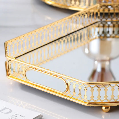 Metal Decorative Tray Makeup Organizer Box Jewelry Display Home Decorative Mirror Tray Fruit Snack Candy Dish Tea Table Storage