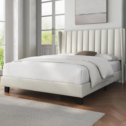 Queen Frame Upholstered Platform Bed With Fabric Headboard, Wing Edge Design/Non-Slip And Noise-Free/Wooden Slats