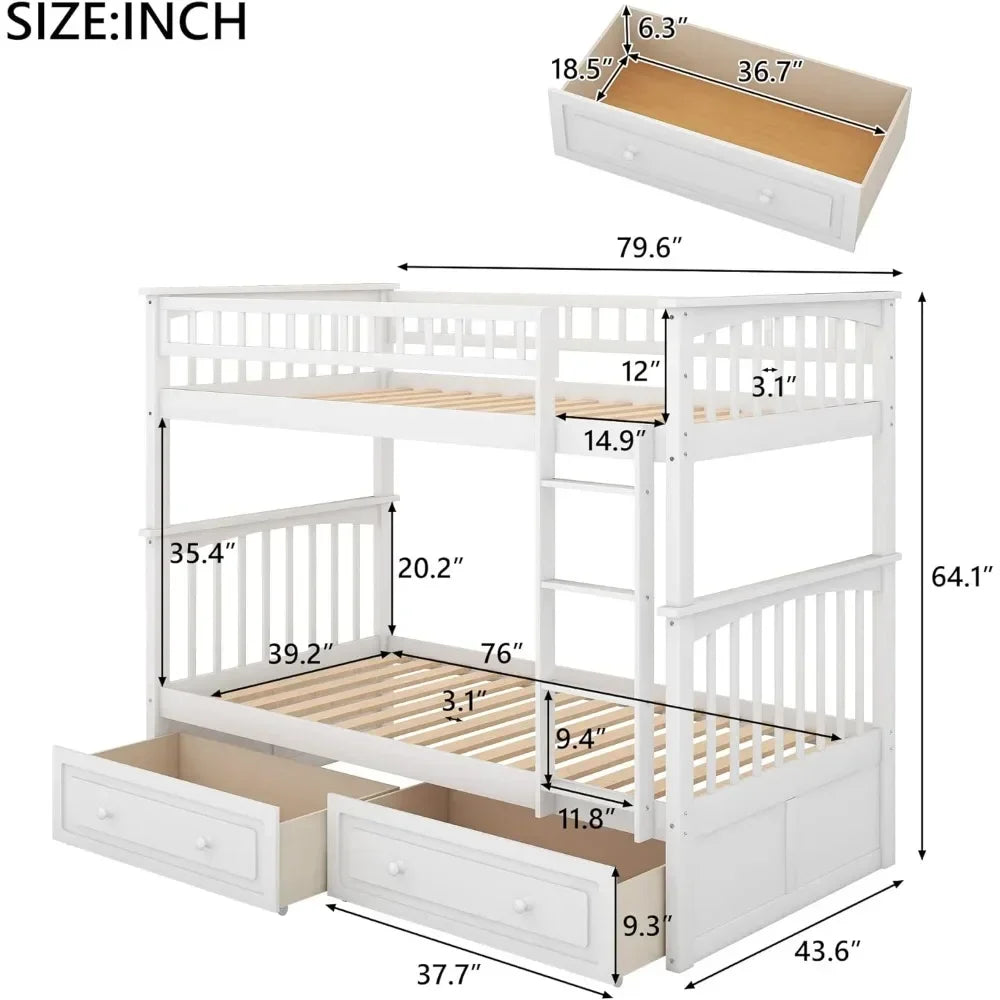 Convertible Wood Twin-Over-Twin Bunk Bed with Storage Drawers and Ladder - Can Be Divided Into Two Daybeds White Beds