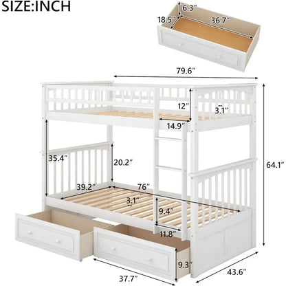 Convertible Wood Twin-Over-Twin Bunk Bed with Storage Drawers and Ladder - Can Be Divided Into Two Daybeds White Beds