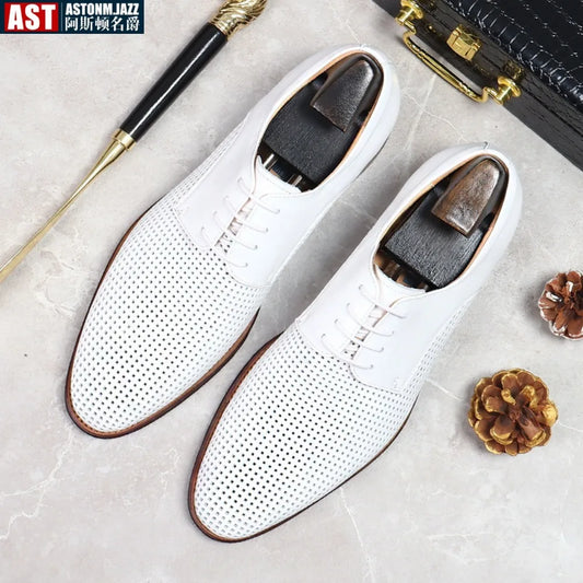 Men's Business Casual Oxford Shoes Real Cow Leather Comfortable Breathable Hollow Soft Leather Summer Shoes White Wedding Shoes