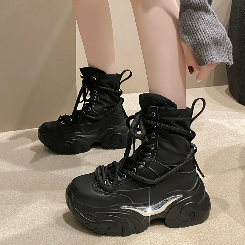 Fashion Chunky Platform Motorcycle Boots Women Hot Red Lace Up Thick Bottom Shoes Woman Autumn Winter Punk Ankle Booties Female