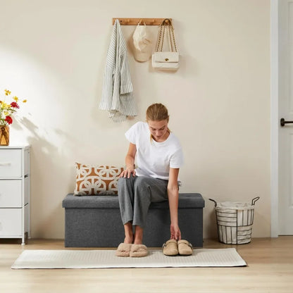 43 Inch Folding Storage Ottoman Bench, Holds Up To 660lb-Grey FootRest Stool with Padded Seat