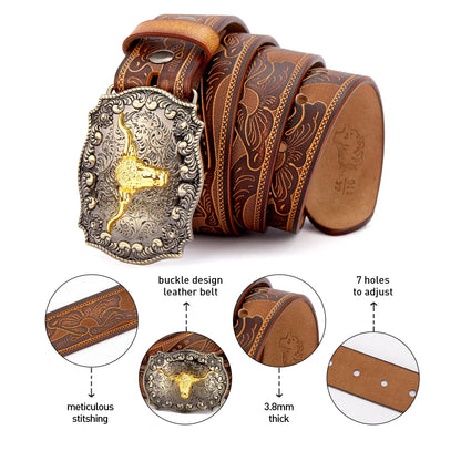 Western Embossed Genuine Leather Men Belts Golden Cowboy Longhorn Bull Pattern Floral Engraved Buckle Belt For Men Free Shipping